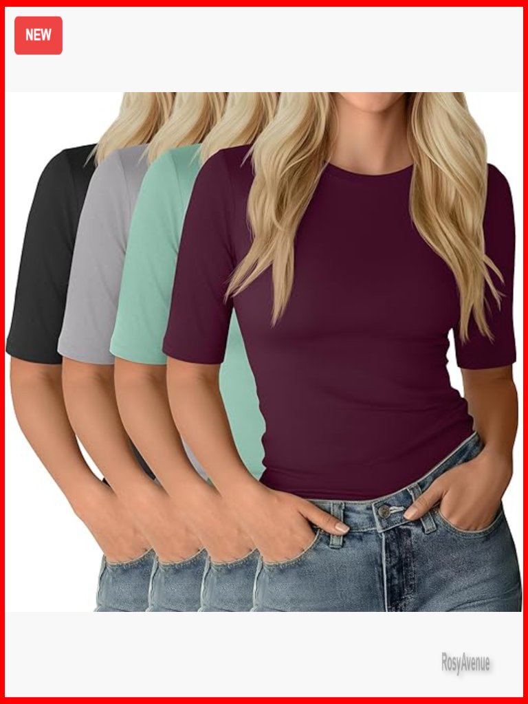 4 Pack Cotton Blend Short Sleeve Crewneck Tees For Women Stretchy